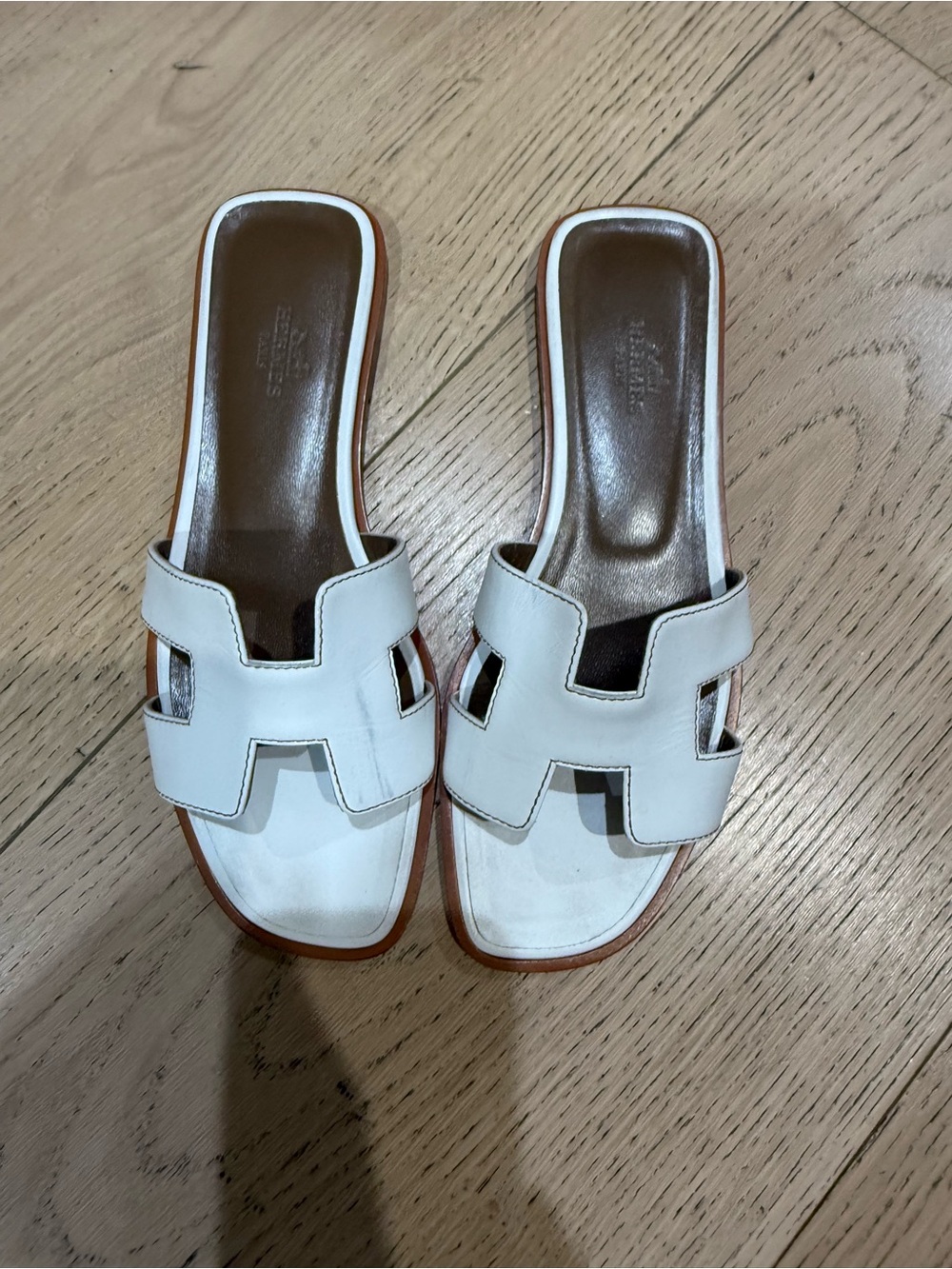 Hermes White Leather Oran Slide Sandals